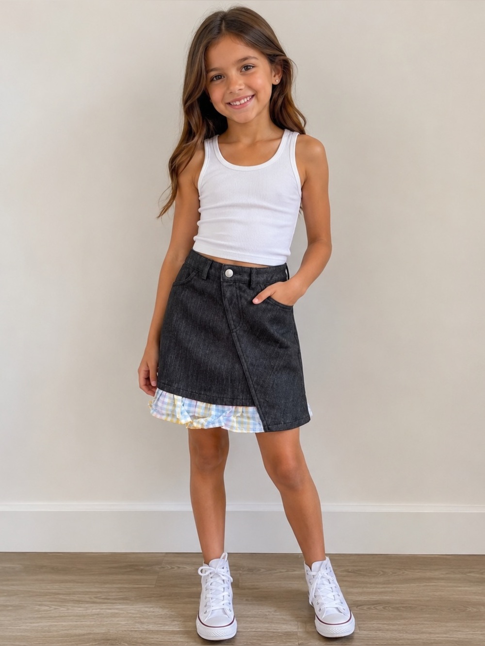 NWT The Sunday Collective Black Denim Look Plaid Detail Skirt